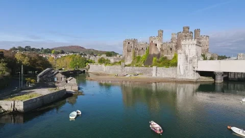 Conwy Castle over River Convy from a drone, Convy, North Wales, England Stock-Footage 319940676