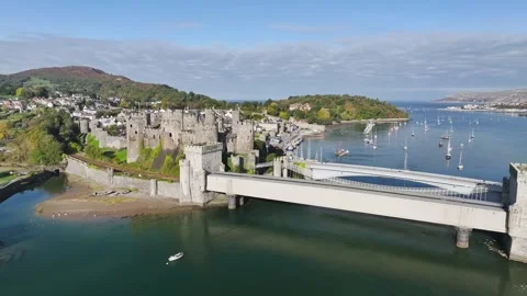 Conwy Castle over River Convy from a drone, Convy, North Wales, England Stock-Footage 319945110