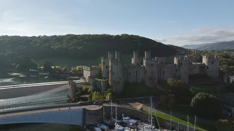 Conwy Castle over River Convy from a drone, Convy, North Wales, England Stock-Footage 319945169