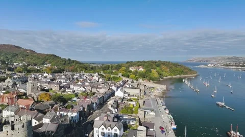 Conwy Castle over River Convy from a drone, Convy, North Wales, England Stock-Footage 319945179