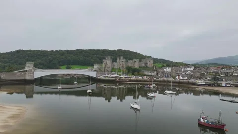 Conwy Castle over River Convy from a drone, Convy, North Wales, England Stock-Footage 319946682