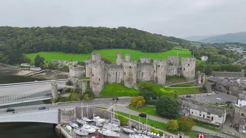 Conwy Castle over River Convy from a drone, Convy, North Wales, England Stock-Footage 319946696