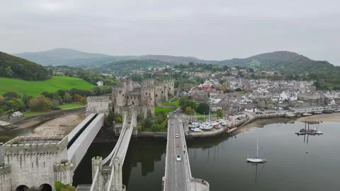 Conwy Castle over River Convy from a drone, Convy, North Wales, England Stock-Footage 319946700