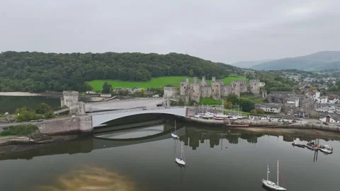Conwy Castle over River Convy from a drone, Convy, North Wales, England Stock-Footage 319946701