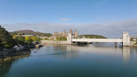 Conwy Castle over River Convy from a drone, Convy, North Wales, England Stock-Footage 319946717