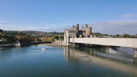 Conwy Castle over River Convy from a drone, Convy, North Wales, England Stock-Footage 319946718