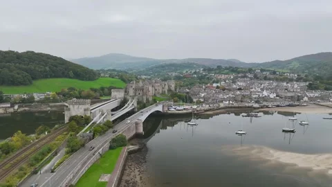 Conwy Castle over River Convy from a drone, Convy, North Wales, England Stock-Footage 319957876
