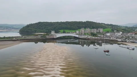 Conwy Castle over River Convy from a drone, Convy, North Wales, England Stock-Footage 319964882