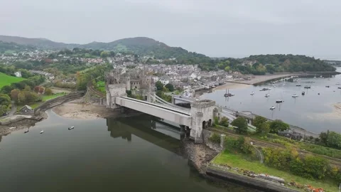 Conwy Castle over River Convy from a drone, Convy, North Wales, England Stock-Footage 319964897