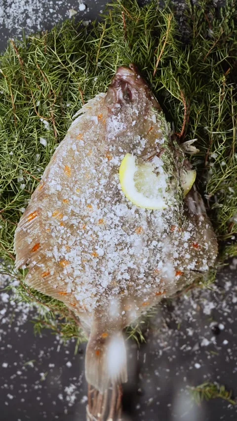 The cook adds salt to the raw fish. Flounder with lemon and salt. Stock Footage 237512828