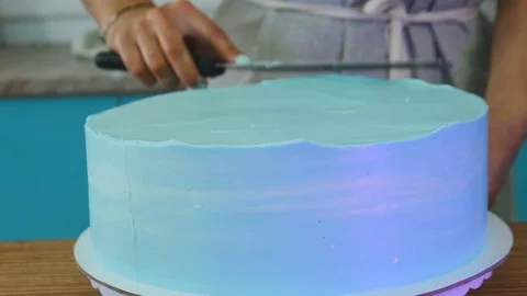 Cook Aligns Cake on Kitchen Stock Footage 75587236