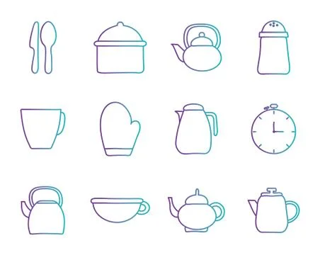 Cook and kitchen decorative elements gradient style icon set vector design Stock Illustration