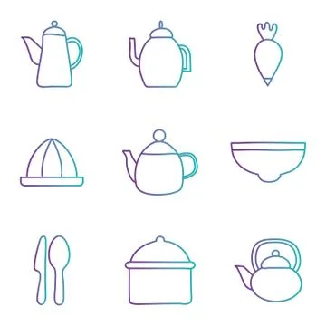 Cook and kitchen decorative elements gradient style icon set vector design Stock Illustration