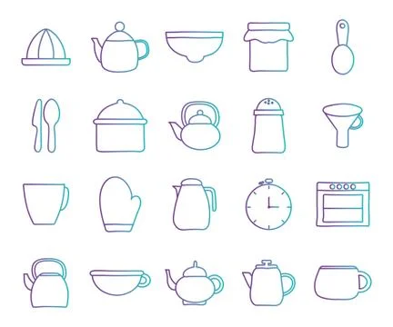 Cook and kitchen decorative elements gradient style icon set vector design Stock Illustration
