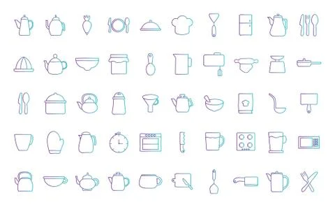 Cook and kitchen decorative elements gradient style icon set vector design Stock Illustration
