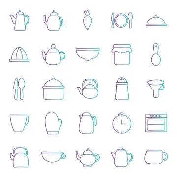 Cook and kitchen decorative elements gradient style icon set vector design Stock Illustration