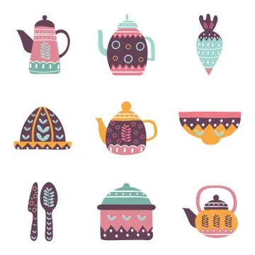 Cook and kitchen decorative elements flat style icon set vector design Stock Illustration