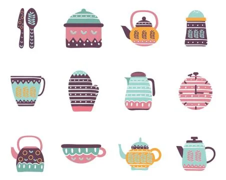 Cook and kitchen decorative elements flat style icon set vector design Stock Illustration