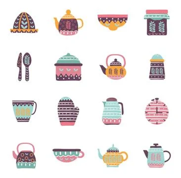 Cook and kitchen decorative elements flat style icon set vector design Stock Illustration