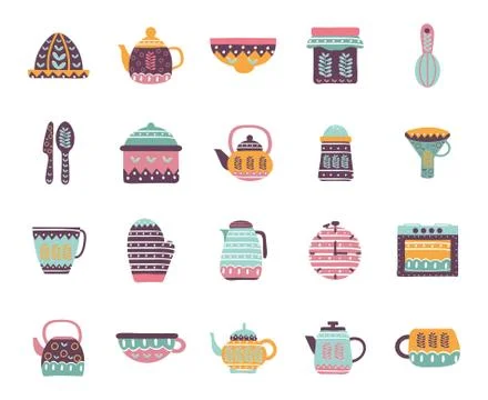 Cook and kitchen decorative elements flat style icon set vector design Stock Illustration