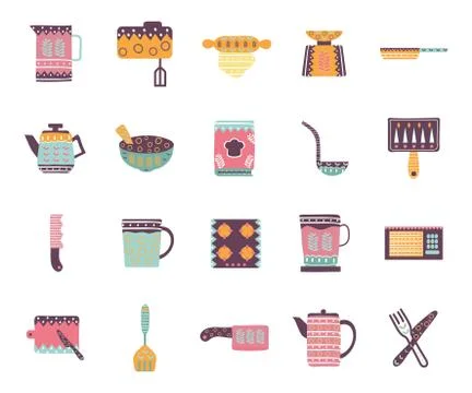 Cook and kitchen decorative elements flat style icon set vector design Stock Illustration