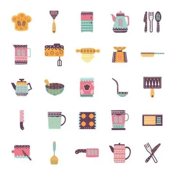 Cook and kitchen decorative elements flat style icon set vector design Stock Illustration