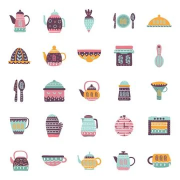 Cook and kitchen decorative elements flat style icon set vector design Stock Illustration