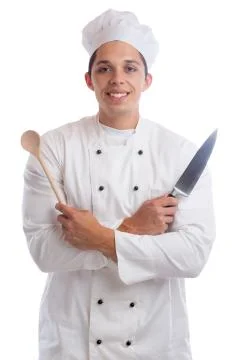 Cook apprentice trainee cooking with knife job young isolated Stock Photos