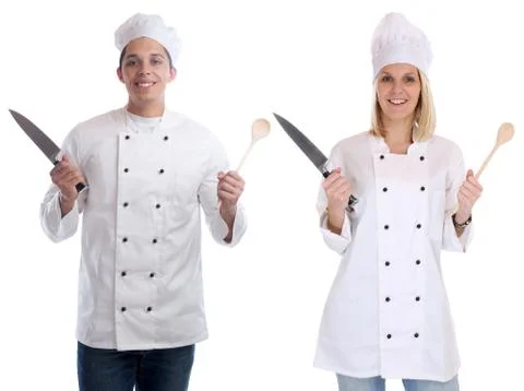 Cook apprentice trainee trainees cooks cooking with knife spoon job young iso Stock Photos