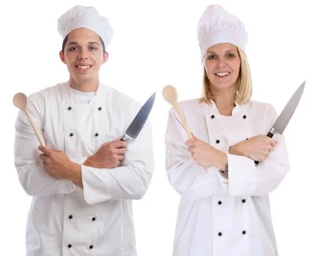 Cook apprentice trainee trainees cooks cooking with knife job young isolated Stock Photos