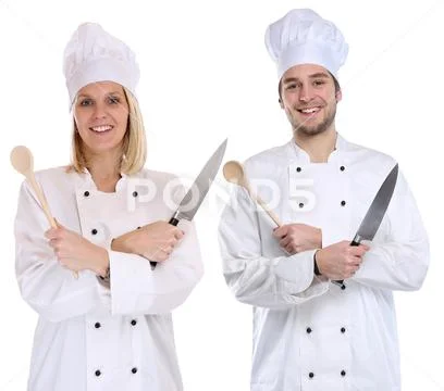 Cook apprentice trainee trainees cooks cooking with knife job young isolated Stock Photos