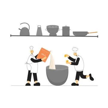Cook chef with hat, uniform cooking in professional kitchen restaurant. Vector Stock Illustration