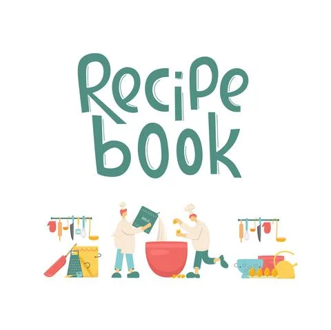Cook chef make dish on kitchen. Recipe book handwritten lettering sign. Vector Stock Illustration