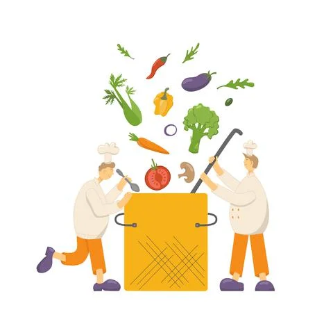 Cook chef make vegetable soup. Hat, uniform from professional kitchen restaurant Stock Illustration