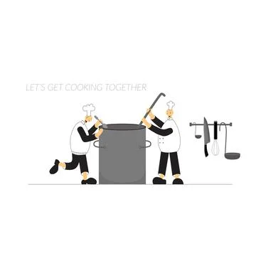 Cook chef make vegetable soup. Hat, uniform from professional kitchen restaurant Stock Illustration