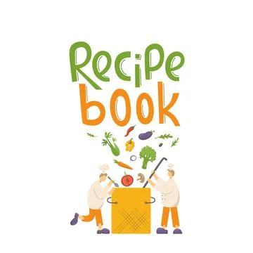 Cook chef make vegetable soup. Recipe book handwritten lettering sign. Vector Stock Illustration