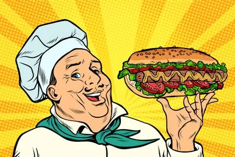Cook Chef man presentation gesture. hot dog sausage with salad Stock Illustration