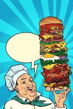 Cook Chef man presentation gesture. big mega Burger Stockillustratie