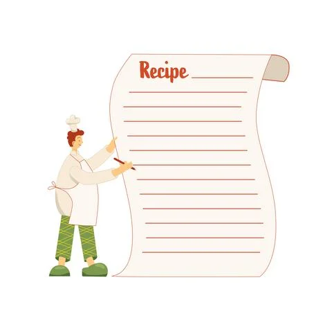 Cook chef with recipe sheet, hat, uniform from professional kitchen restaurant Stock Illustration