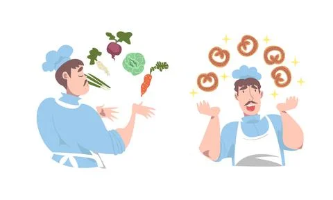 Cook chef in uniform juggling with fresh vegetables and freshly baked pretzels Stock Illustration