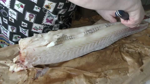 Cook cleans raw cod fish Stock Footage 171983251