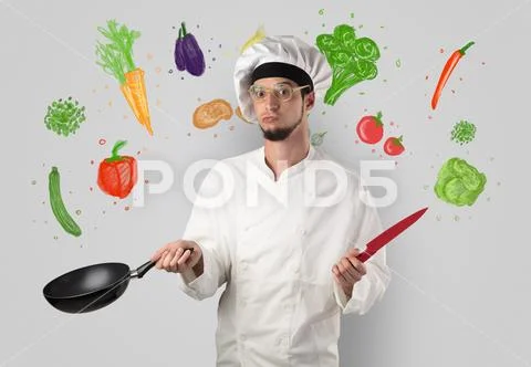 Cook with colourful drawn vegetables Stock Photos
