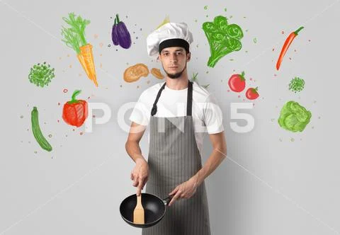 Cook with colourful drawn vegetables Stock Photos