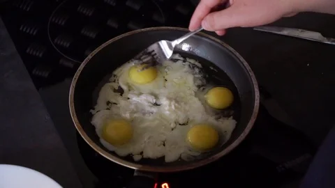 Cook cooking fried eggs or omelet for breakfast in the morning Stock Footage 119135964