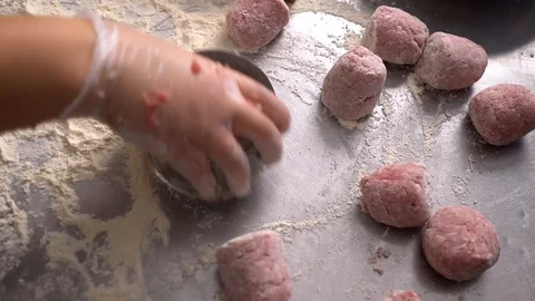 Cook cutlets raw flour. Hands cook in transparent gloves-2. Stock Footage 107619450