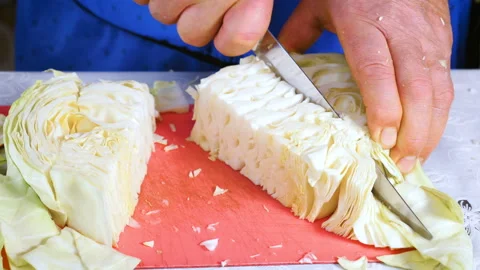The cook cuts cabbage into large pieces. Video stock 100078154
