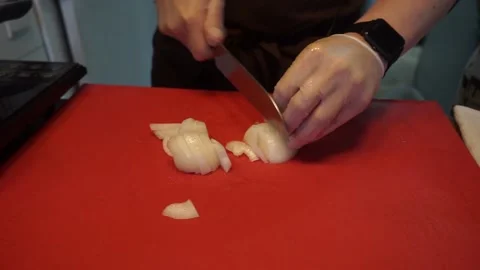 The cook cuts the onion Stock Footage 159881242