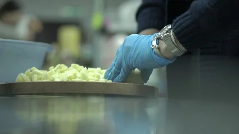 The cook cuts potatoes Stock Footage 156337400