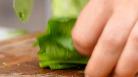 The cook cuts spinach leaves Video stock 84476881