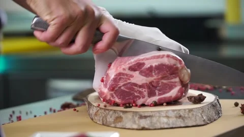 Cook cuts steak meat Stock Footage 130500149